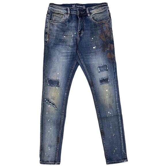 Crysp Denim Men's Distressed Rip & Repair Paint Splatter Skinny Fit Jeans - Picture 1 of 4